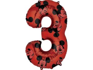Balon foliowy "cyfra 3", czerwona, Myszka Miki (Mickey Mouse), 66 cm