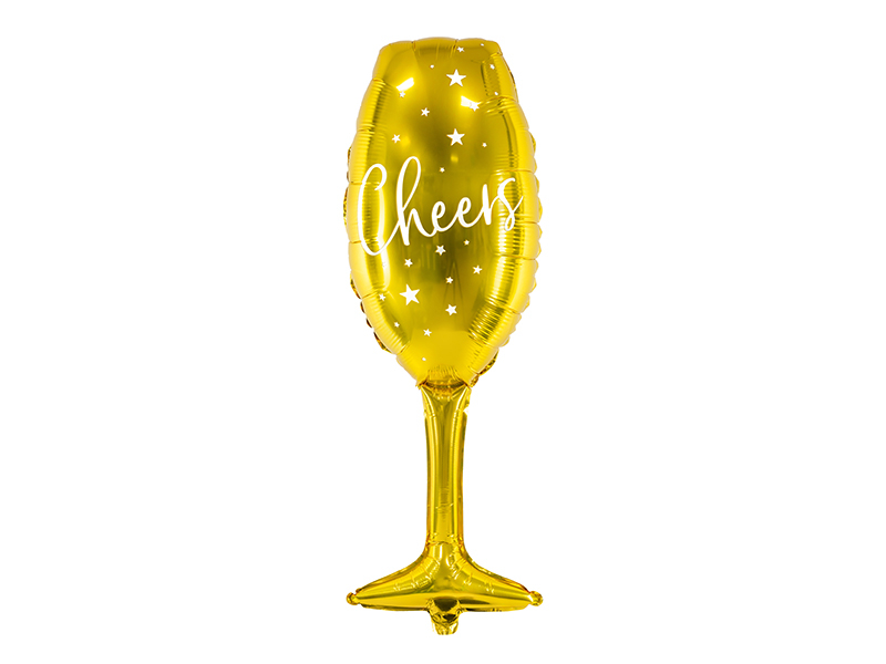 Balon foliowy "Kieliszek z napisem Cheers", złoty, 28 cm x 80 cm