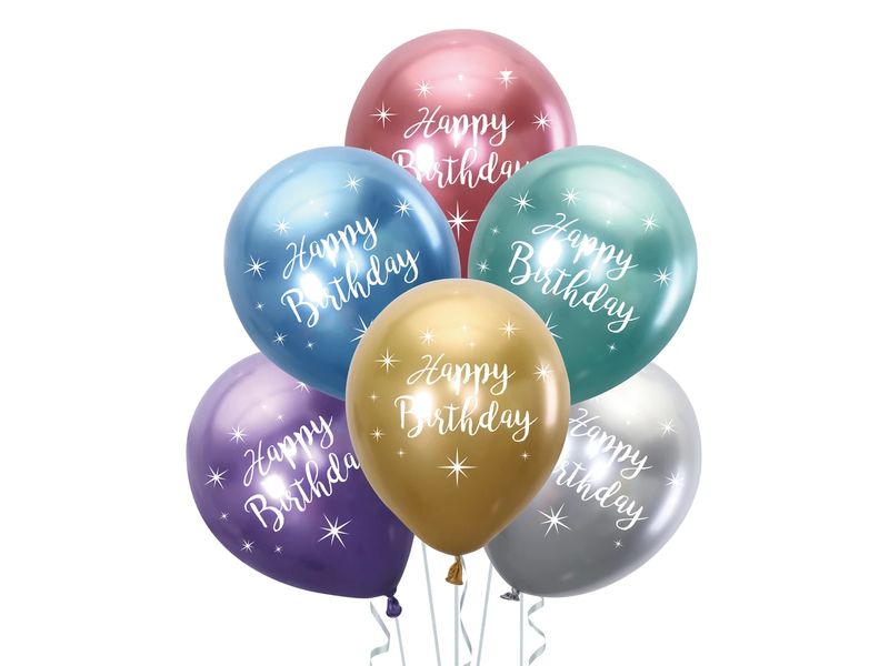 Zestaw balonów "Happy Birthday" mix chrom, 12 cali, 6 szt.