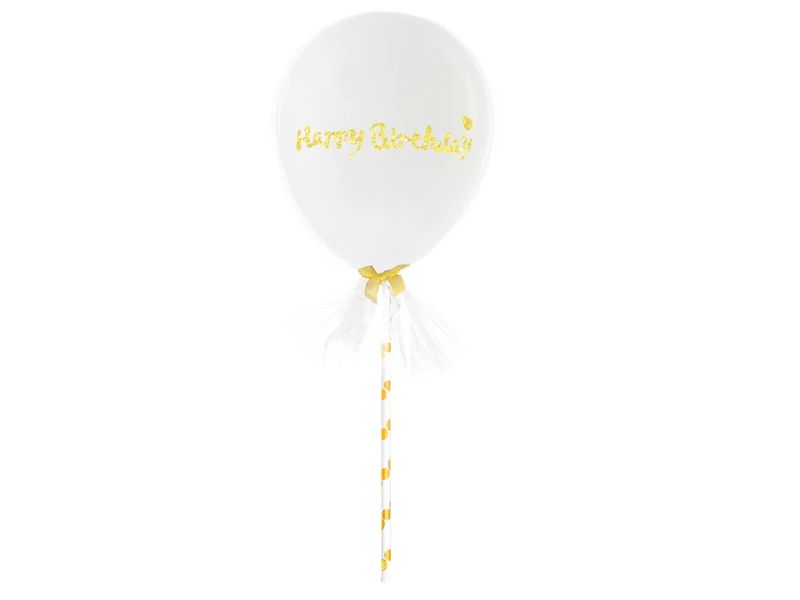 Balon Happy Birthday, biały z tiulem, 5 cali