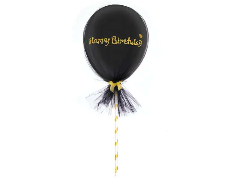 Balon Happy Birthday, czarny z tiulem, 5 cali