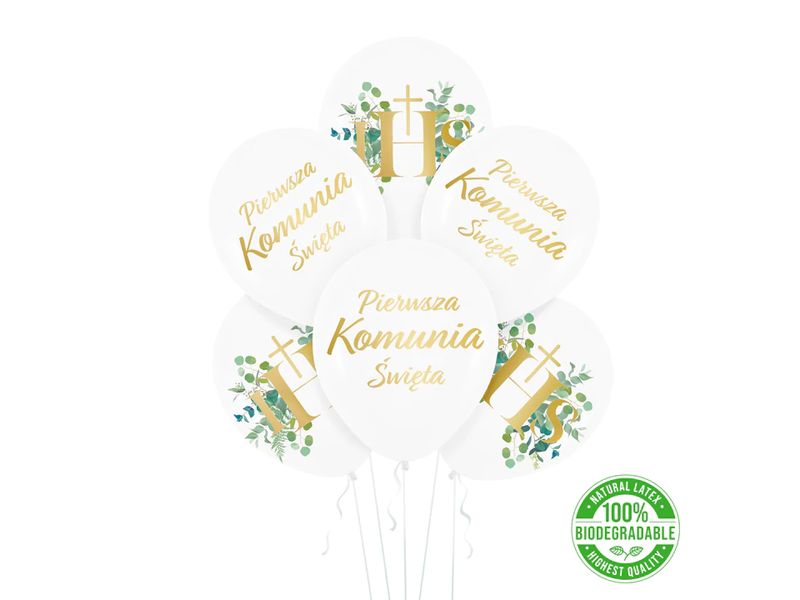 Zestaw balonów na Komunię Świętą, Eukaliptus, złote, 6 szt.