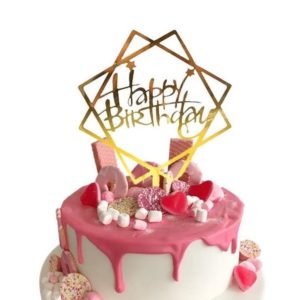 Topper na tort z tworzywa, Happy Birthday, złoty lustrzany