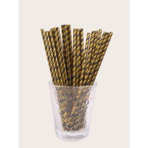Słomki papierowe, czarno złote w paski, 19.5 cm, 10 szt.