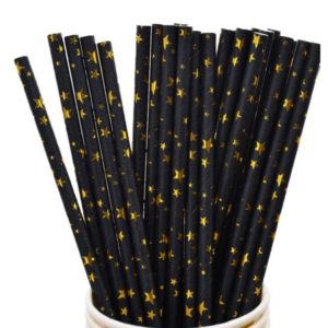 Słomki papierowe, czarne w złote gwiazdki, 19.5 cm, 10 szt.