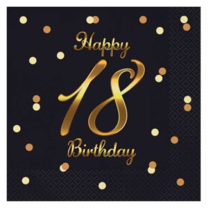 Serwetki, B&C Happy 18 Birthday, czarne, nadruk złoty, 33 cm x 33 cm, 20 szt.