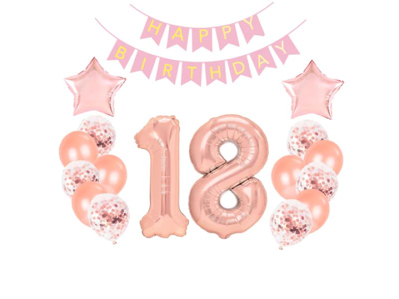 Zestaw balonów, Na 18 (osiemnaste) urodziny, różowo złoty, 16 szt. plus baner