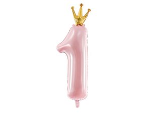 Balon foliowy "cyfra 1" z koroną, jasno różowa, 90 cm