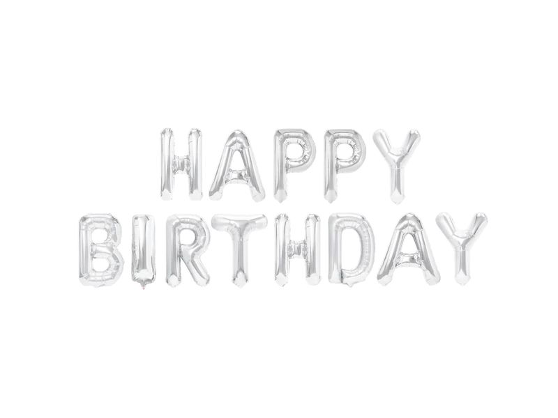Zestaw balonów foliowych, napis "Happy Birthday", srebrny, 40 cm