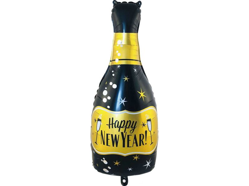 Balon foliowy, Szampan "Happy New Year!", czarno złoty, 98 cm x 48 cm