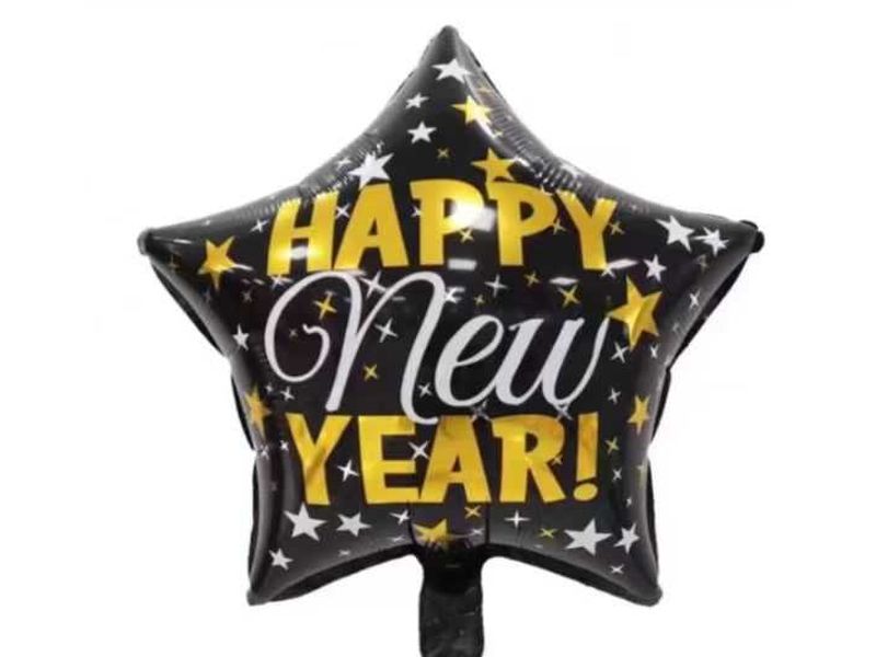 Balon foliowy gwiazda, "Happy New Year!", czarny, 45 cm (18 cali)