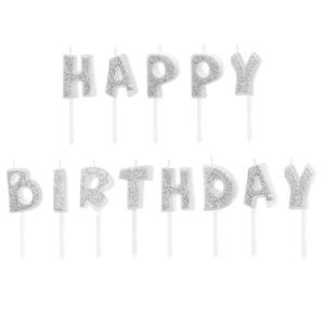 Świeczki urodzinowe "Happy Birthday", srebrne z brokatem