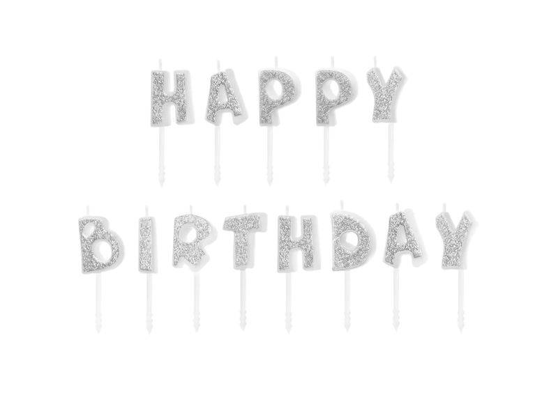 Świeczki urodzinowe "Happy Birthday", srebrne z brokatem