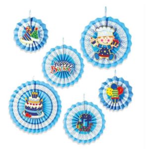 Rozeta dekoracyjna, Happy Birthday, niebieska, 6 szt.