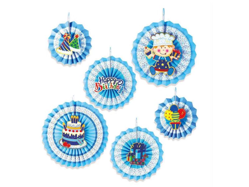Rozeta dekoracyjna, Happy Birthday, niebieska, 6 szt.