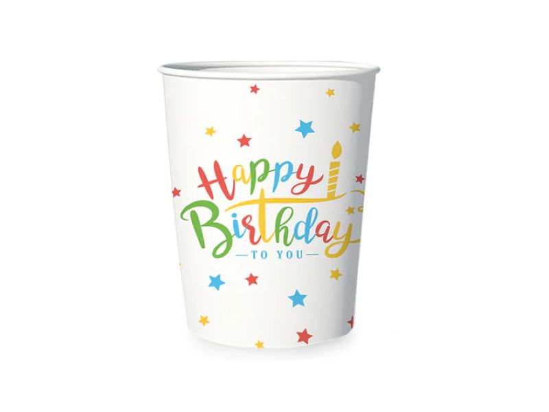 Kubeczki, Kolorowe urodziny "Happy Birthday", 220 ml, 6 szt.