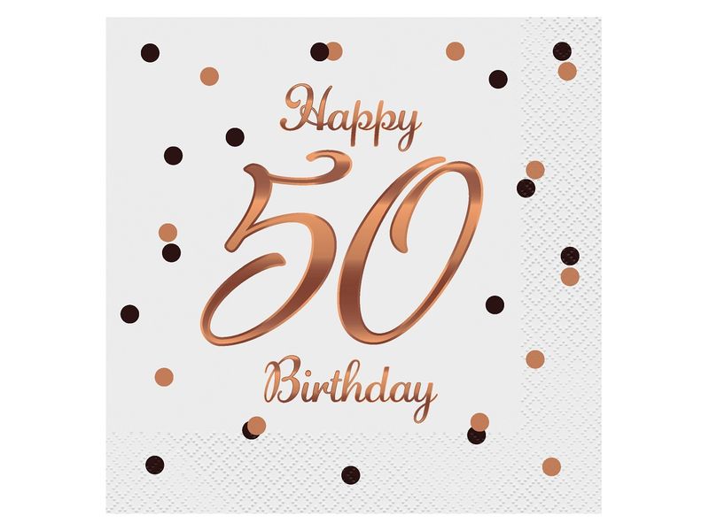 Serwetki, B&C Happy 50 Birthday, białe, nadruk różowo-złoty, 33 cm x 33 cm, 20 szt.