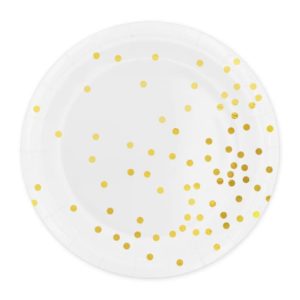 Talerzyki, Okrągłe, białe w złote kropki, 23 cm, 6 szt.