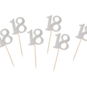 Pikery dekoracyjne, B&C, srebrna "18" w brokacie, 6 szt.