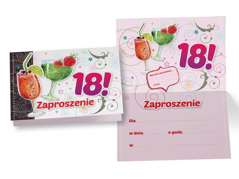 Zaproszenia na urodziny, 18 (osiemnastka), drinki dla dziewczyny (ZZ-038), 5 szt.