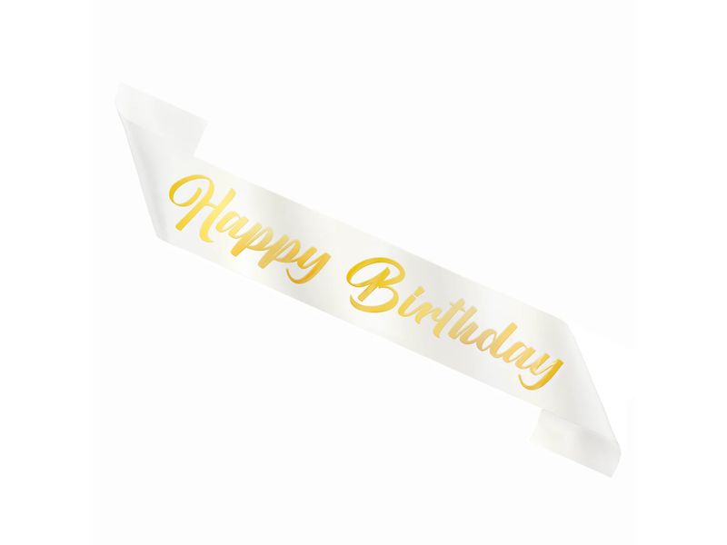Szarfa urodzinowa, "Happy Birthday", biała z nadrukiem złotym, 160 cm