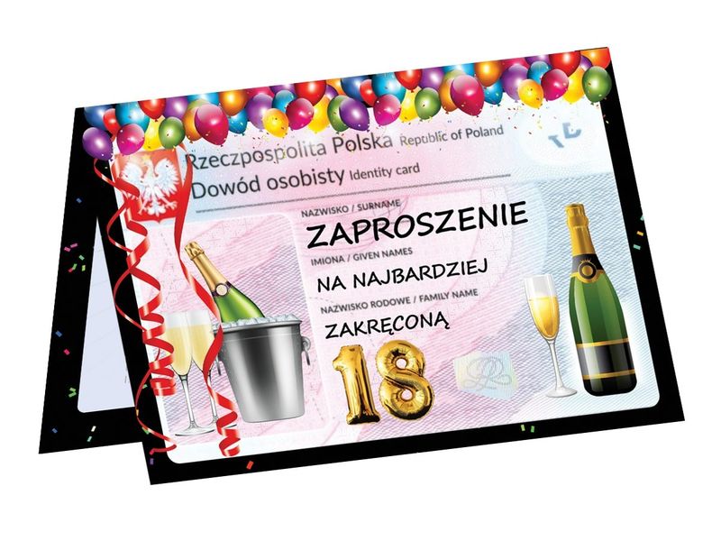 Zaproszenia na urodziny, 18-ste Dowód Osobisty, 6 szt.