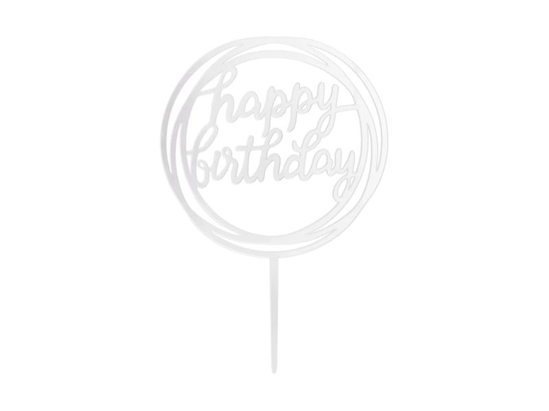 Topper akrylowy na tort, Happy Birthday - okrągły, srebrnym, 11 cm x 17 cm