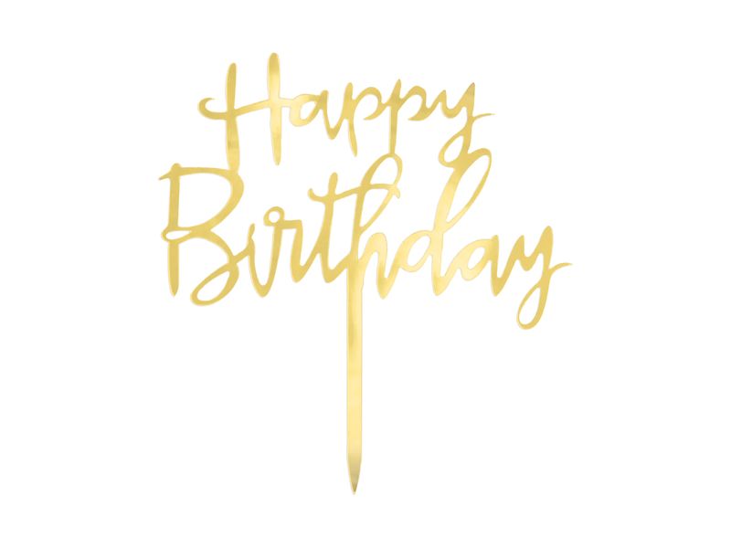 Topper akrylowy na tort, Happy Birthday, złoty, 13.5 cm x 13 cm