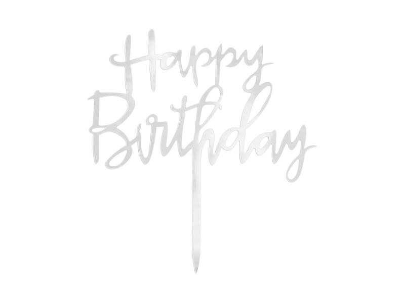 Topper akrylowy na tort, Happy Birthday, srebrnym, 13.5 cm x 13 cm