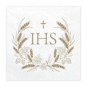 Serwetki, Komunia Święta, białe z złotym nadrukiem "IHS", 33 cm x 33 cm, 12 szt.