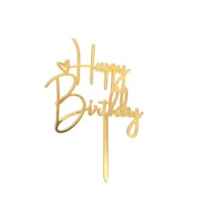 Topper akrylowy na tort, Happy Birthday z serduszkiem, złoty, 14 cm x 10 cm