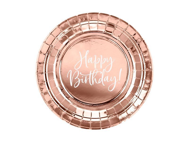 Talerzyki, Okrągły z napisem Happy Birthday, różowo złoty, 18 cm, 6 szt.