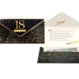 Koperta podarunkowa "Urodziny 18", czarna z złotym nadrukiem, KOP-040